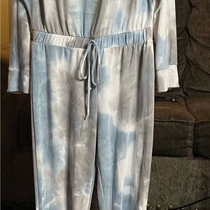 Blue and White Tie-Dye Jumpsuit w/Ruching on the Leg